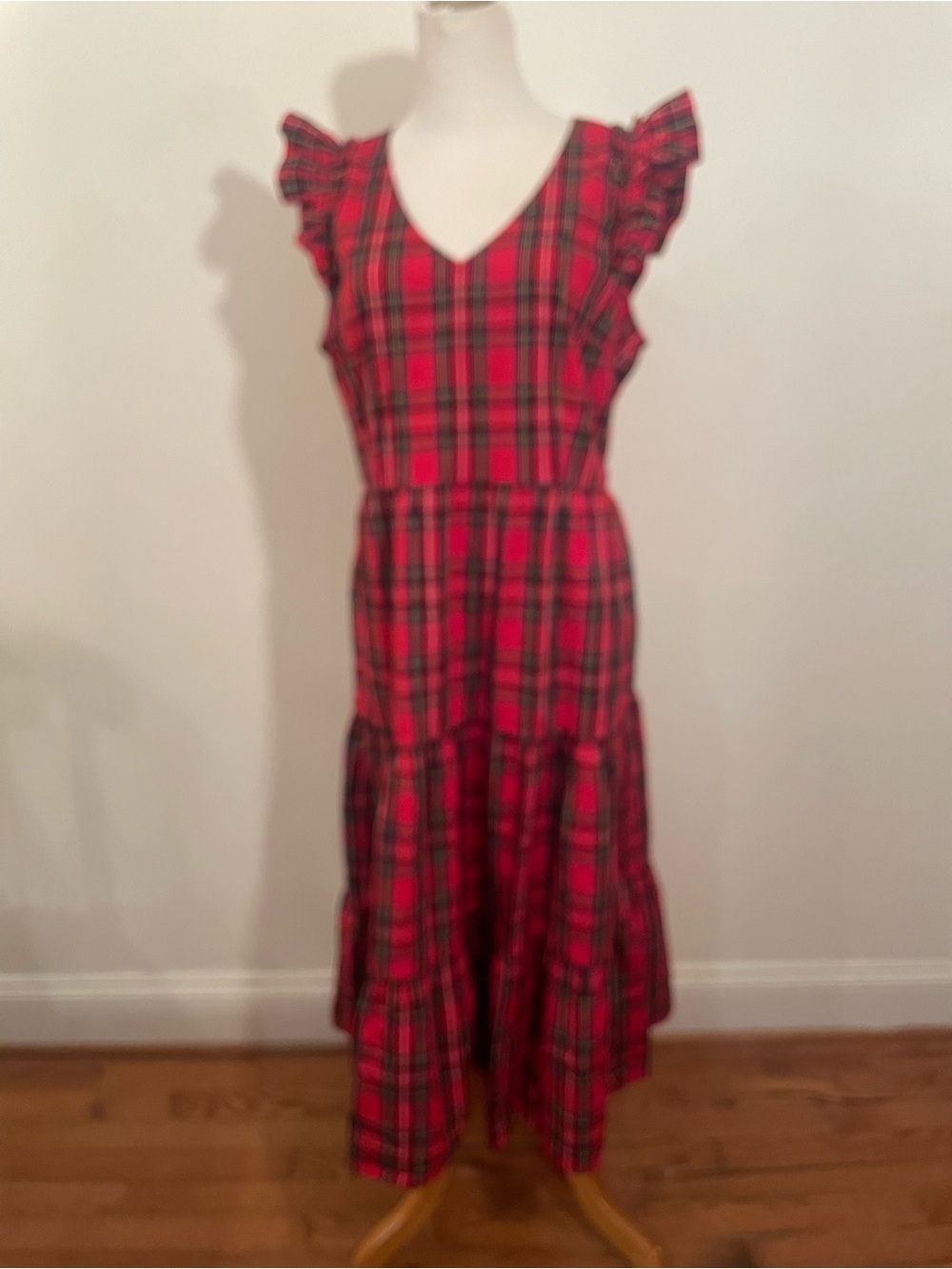 Red Plaid Ruffle Sleeve Maxi Tiered Dress